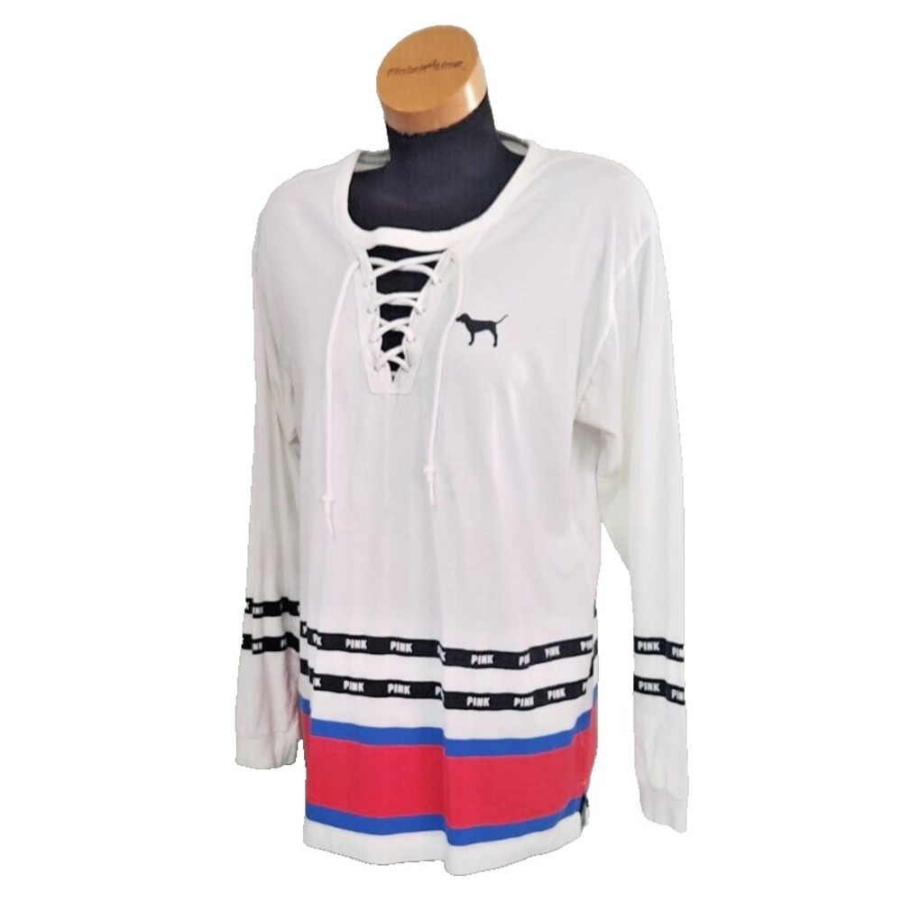 Victorias Secret Womens Size Large Boyfriend Jersey Shirt White Long Sleeve